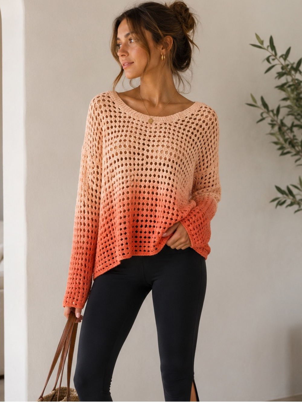 Crochet Ombre Sweater Coral Peach Open Knit Beach Cover Up Medium